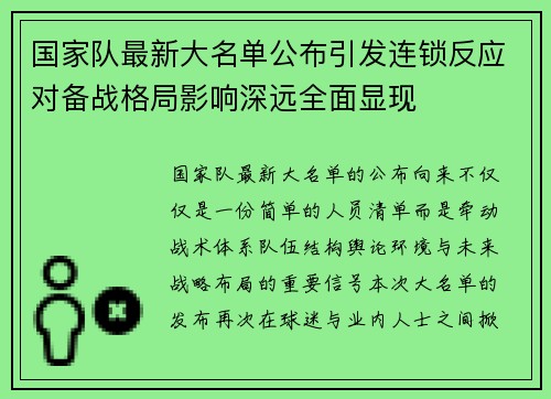 国家队最新大名单公布引发连锁反应对备战格局影响深远全面显现